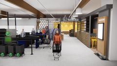 Havainnekuva uudistetusta S-Marketin sisätilasta, jossa asiakas työntää ostoskärryä ja taustalla näkyy ravintola-alue.