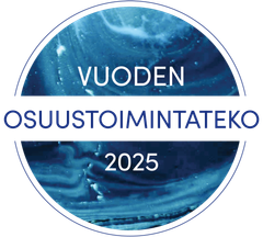 Sinisävyinen ympyrä, jossa teksti "Vuoden Osuustoimintateko 2025".