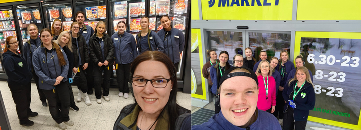 Iloisia ihmisiä S-marketin edustalla ja sisällä.