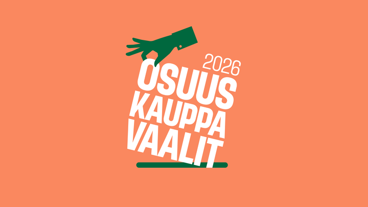 Oranssi tausta, valkoista tekstiä: "Osuuskauppavaalit 2026". Yläpuolella vihreä piirretty käsi.