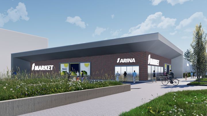 Havainnekuva S-market Kaijonharjusta, rakennus ja ympäristö aurinkoisena päivänä.