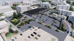 Havainnekuva liikekeskuksesta parkkialueineen ja ympäröivine rakennuksineen.