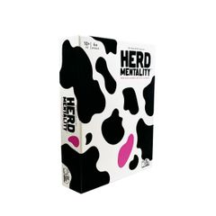 Lautapeli nimeltä "Herd Mentality", jonka kannessa on mustavalkoista lehmäkuviota ja vaaleanpunainen yksityiskohta.