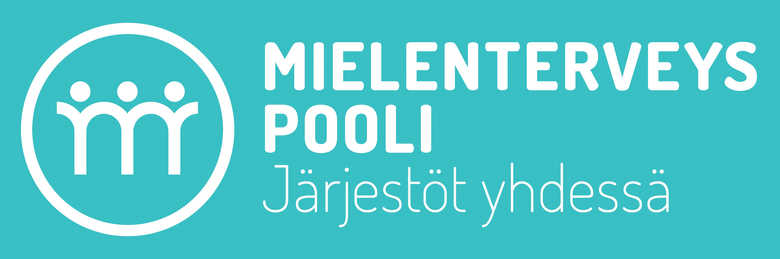 Mielenterveyspoolin valkoinen logo turkoosilla pohjalla ja tunnusteksti: Mielenterveyspooli - Järjestöt yhdessä