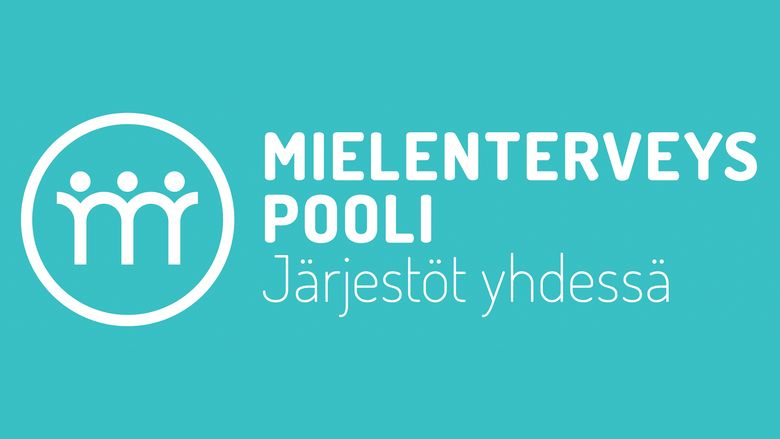 Turkoosilla pohjalla Mielenterveyspoolin logo eli ympyrän sisällä ihmisketjua kuvaava kuvio, sekä teksti Mielenterveyspooli - Järjestöt yhdessä