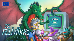 Peliviikon juliste 2025. Julisteessa piirretyt fantasiahahmot pelaavat Peliviikon Seal Splash! -turnauspeliä.