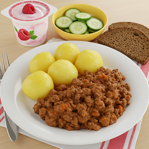 Läheltä perunoita, jauhelihakastiketta, ruisleipää, tuorekurkkua, vadelmajogurttia