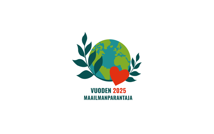 Maapallon edessä punainen sydän ja laakerinlehdet, teksti "Vuoden 2025 Maailmanparantaja".