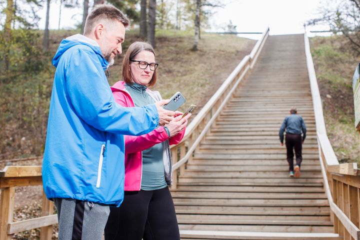 Sovelluksen käyttäjiä Harjun portailla.