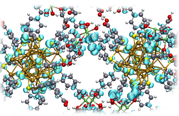 Havainnollistava kuva materiaalista, jossa kultananoklusterit yhdistyvät magnesium-ionien välityksellä. Sinisellä alueet kuvaavat materiaalin elektronitiheyttä sellaisella energia-alueella, joka on tärkeä sähkönjohtavuuden kannalta.