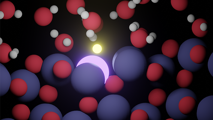 Elektrodipotentiaalin alentaminen varaa yksittäisen Ti-atomi (violetti) negatiivisesti. Muodostuva polaroni mahdollistaa vedyn (keltainen) sitoutumisen pintaan ja aktivoi vedynkehitysreaktion TiO2-pinnalla.