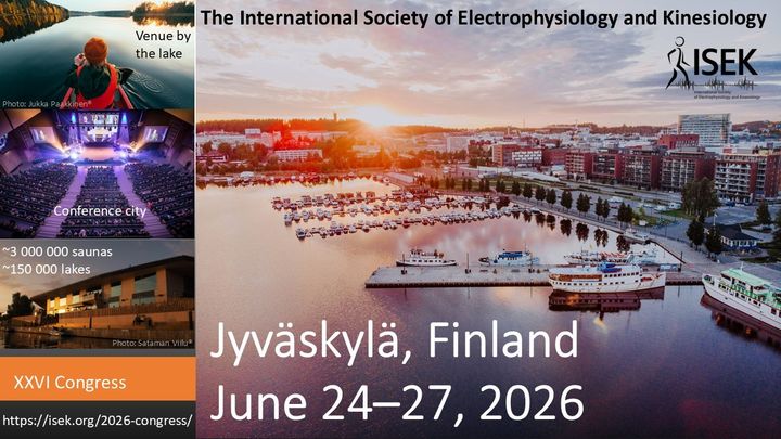 Jyväskylän 24.-27.6.ISEK-kongressi. Kuvakollaasi, jossa on Jyväskylän satama, järvellä melova ihminen, Paviljongin konserttisali sekä Sataman Viilu -rakennus.