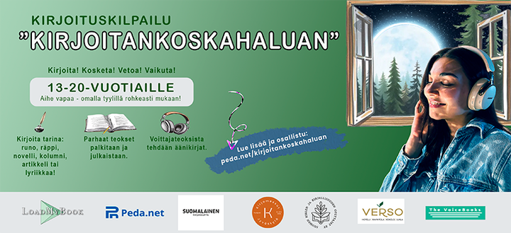 Kirjoituskilpailun esittelykuvassa henkilö kuuntelee kuulokkeilla ääniteosta. Kilpailu on tarkoitettu 13-20-vuotiaille.