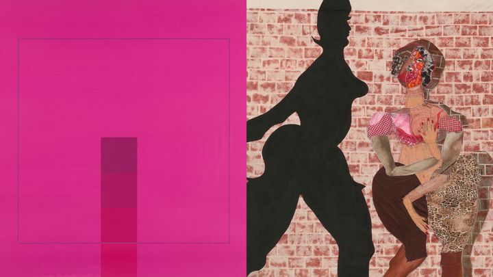 Timo Aalto, Berry Pudding, 1979, Saastamoinen Foundation Art Collection © Paula Virta / EMMA (left) & Detail: Tschabalala Self, 12pm on 145th, 2022. Courtesy the artist, Pilar Corrias, London and Galerie Eva Presenhuber, Zurich / Vienna © Pierre Le Hors (right)