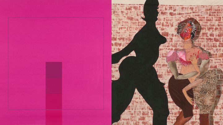 Timo Aalto, Vispgröt, 1979, Saastamoinen stiftelsens konstsamling © Paula Virta / EMMA (vänster) & Detalj: Tschabalala Self, 12pm on 145th, 2022. Med konstnärens, Pilar Corrias, London & Galerie Eva Presenhuber, Zurich / Vienna tillstånd © Pierre Le Hors (höger)