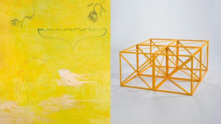 Leena Luostarinen, Nefertiti i dofternas trädgård, 1998. Rasheed Araeen, Chaar Pellay, 1968–2017. Saastamoinen stiftelsens konstsamling. © Paula Virta / EMMA