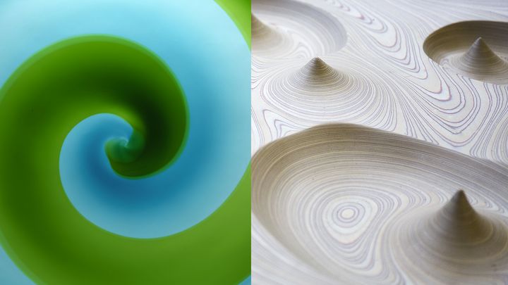 Details: Tapio Wirkkala, Coreano (dish, Venini), 1966. Private Collection (left), Tapio Wirkkala, Ultima Thule (relief), 1967. The Finnish State Art Collection / EMMA (right)