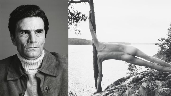 Vasen: Gillian Wearing, Taiteilija Pier Paolo Pasolinina, 2024. © Gillian Wearing. Courtesy Maureen Paley, London, Tanya Bonakdar Gallery, New York and Regen Projects, Los Angeles. Arno Rafael Minkkinen, Karjusaari, Lahti, Finland, 1992, 1992 / 2026. | Saastamoisen säätiön taidekokoelma.