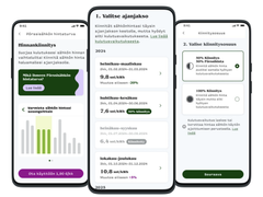 Kolme näyttökuvaa Hintaturva-palvelun käytöstä OmaLumme-sovelluksen mobiiliversiosta.