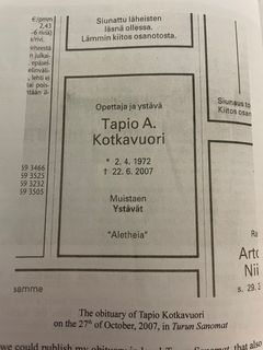 Tapio Kotkavuoren kuolinilmoitus Turun Sanomissa vuonna 2007