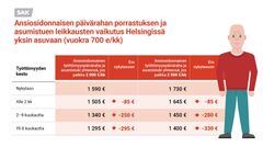 Ansiosidonnaisen työttömyysturvan porrastuksen ja asumistuen leikkausten vaikutus yksin asuvaan.