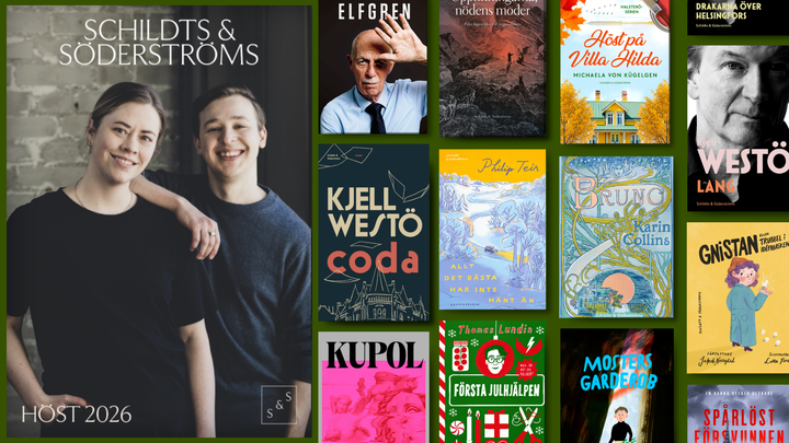 På höstkatalogens pärm Jakob Norrgård och illustratören Lotta Fors som skapat bilderboken "Gnistan", där allt går snett på den stora idéfabriken och idéerna landar huller om buller.