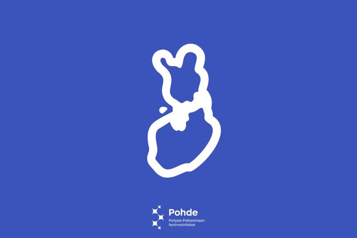 Sinisellä pohjalla on Suomen ääriviivat valkoisella. Alla Pohjois-Pohjanmaan hyvinvointialueen Pohteen logo