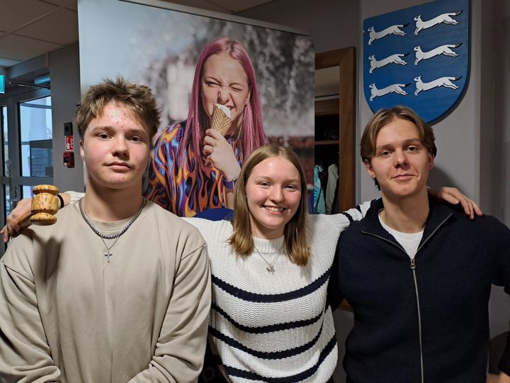 Kolme nuorta seisoo vierekkäin. Keskimmäisellä on kädessään puheenjohtajan nuija.