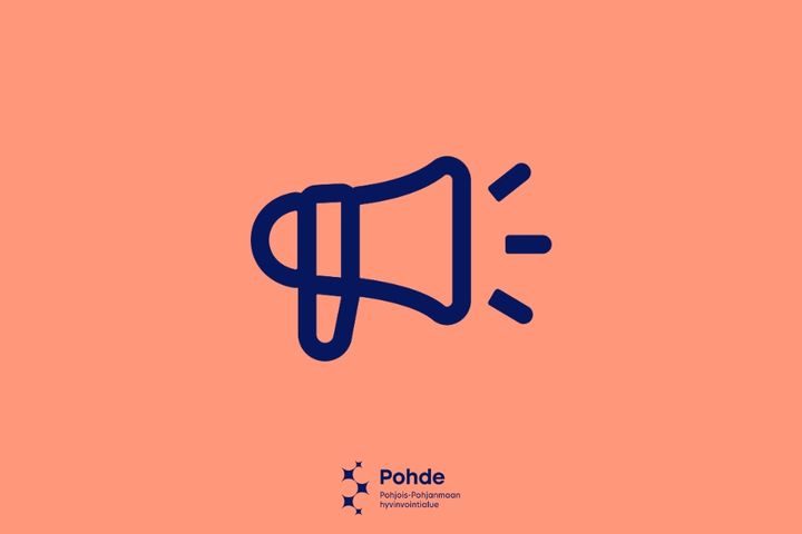 Sininen megafonin kuva vaaleanpunaisella taustalla.