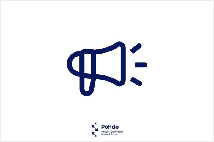 Keskellä megafoni ja sen alla Pohjois-Pohjanmaan hyvinvointialue Pohteen logo