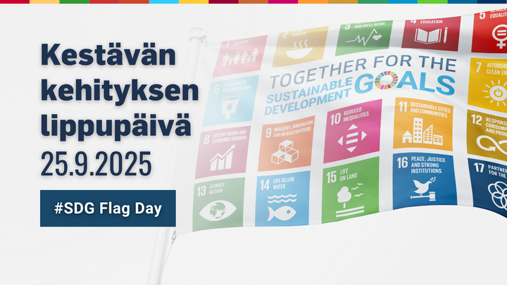 Kestävän kehityksen tavoitteita kuvaavat värikkäät ikonit lipussa ja teksti Kestävän kehityksen liputuspäivä 25.9.2025