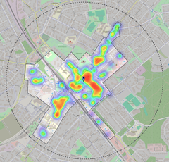 Hyvinkään keskustan Voimakartta ja Vartin keskustaympyrä (1 km säde keskipisteestä). (C) Voittajakaupungit Oy . Pohjakartta: OpenStreetMap contributors.