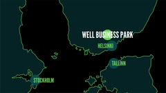 Kartta, jossa näkyvät Helsinki, Tallinna ja Tukholma sekä Well Business Park.