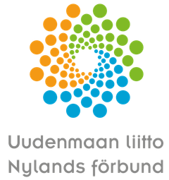 Logo, jossa on värikäs ympyräkuvio ja teksti "Uudenmaan liitto Nylands förbund".