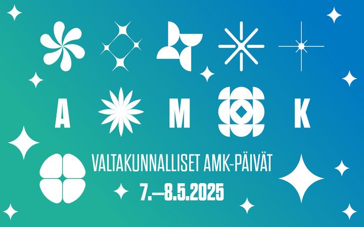 Kuva, jossa on abstrakteja kuvioita sekä teksti "Valtakunnalliset AMK-päivät 7.–8.5.2025".