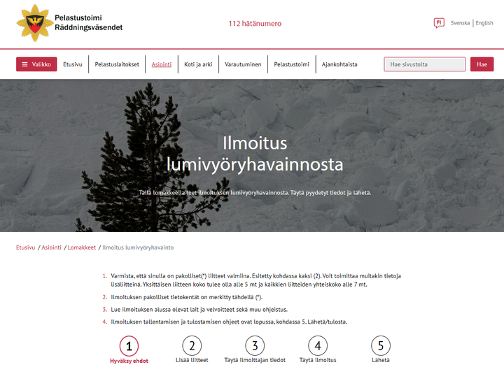 Ilmoitus lumivyöryhavainnosta pelastustoimi.fi verkkosivuilla