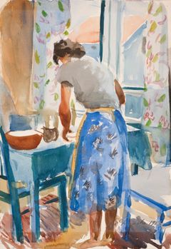 Yrjö Raaska: Nainen keittiössä, 1953. Hyvinkään taidemuseon kokoelma.