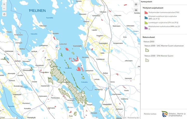 Esimerkkikartta, johon on merkitty yksityiset suojelualueet ja Natura 2000 -suojelualueet.