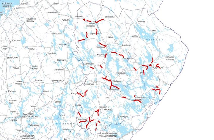 Itä-Suomen päällystyskohteet vuonna 2024.