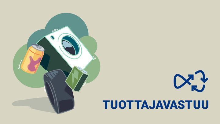 Piirroskuvassa on tuottajavastuun alaisia tuotteita: rengas, pesukone, juomatölkki, paristo. Lisäksi kuvassa on tuottajavastuun logo ja teksti, jossa lukee tuottajavastuu.