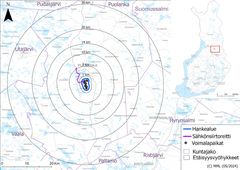 Ahvenvaaran hankealueen sijainti. Kartalla esitettynä alustava hankealue vaihtoehdon VE1 mukaan.