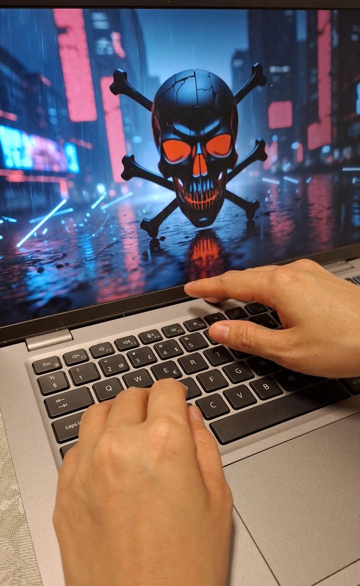 Kädet kannettavan tietokoneen näppäimistöllä. Näytöllä uhkaava kuva, joka viittaa tietoturvapoikkeamaan