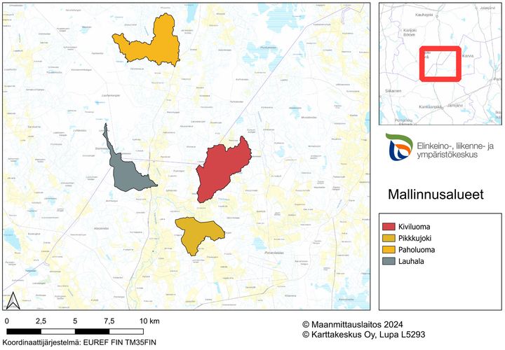 Kartta%3A%20Mallinnusty%F6n%20pilottialueet%20%u2013%20Paholuoma%2C%20Lauhala%2C%20Kiviluoma%20ja%20Pikkujoki%20%u2013%20toimivat%20mallinnuksen%20l%E4ht%F6kohtina.%20Lopullisessa%20mallinnusty%F6ss%E4%20vaikutusalueet%20olivat%20laajemmat.