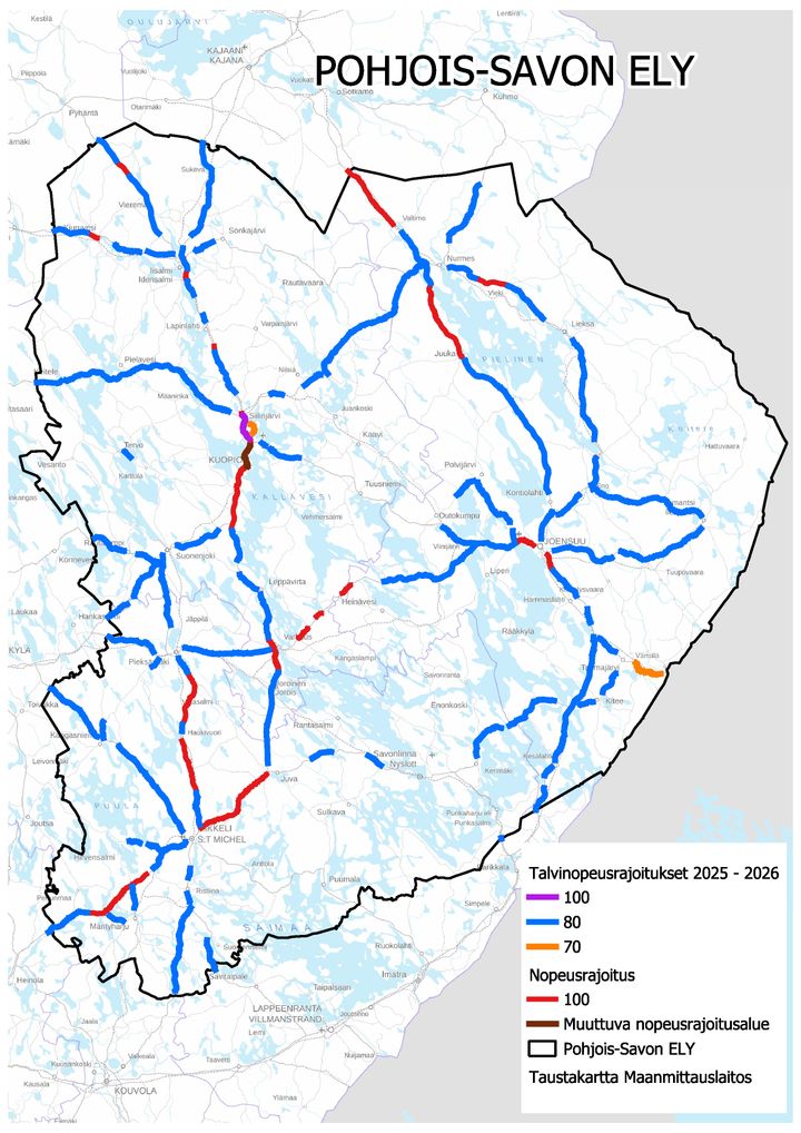 Itä-Suomen talvinopeusrajoituskartta 2025 - 2026