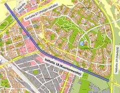Karttakuva aluevaraussuunnitelmassa olevasta valtatie 18 kohdasta.