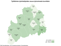 Etelä-Pohjanmaan kartta, josta ilmenee työttömien työnhakijoiden osuudet kunnittain. Työttömien työnhakijoiden osuudet kunnittain olivat Evijärvi 2,7, %, Kauhava 5,4 %, Lappajärvi 4,9 %, Vimpeli 5,1 %, Isokyrö 5,5 %, Lapua 5,4 %, Alajärvi 5,6 %, Ilmajoki 5,0 %, Seinäjoki 6,6 %, Kuortane 3,7 %, Soini 4,9 %, Teuva 6,9 %, Kurikka 5,8 %, Alavus 5,7 %, Karijoki 4,5 %, Ähtäri 10,0 %, Kauhajoki 6,6 % ja Isojoki 4,5.