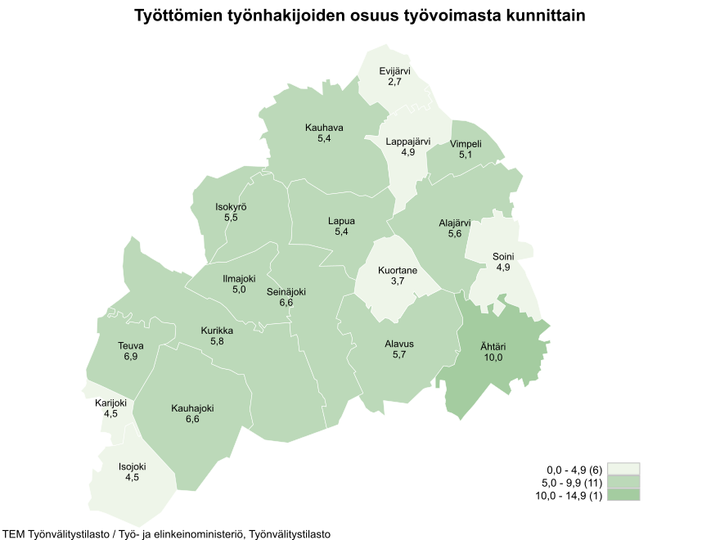 Etelä-Pohjanmaan kartta, josta ilmenee työttömien työnhakijoiden osuudet kunnittain. Työttömien työnhakijoiden osuudet kunnittain olivat Evijärvi 2,7, %, Kauhava 5,4 %, Lappajärvi 4,9 %, Vimpeli 5,1 %, Isokyrö 5,5 %, Lapua 5,4 %, Alajärvi 5,6 %, Ilmajoki 5,0 %, Seinäjoki 6,6 %, Kuortane 3,7 %, Soini 4,9 %, Teuva 6,9 %, Kurikka 5,8 %, Alavus 5,7 %, Karijoki 4,5 %, Ähtäri 10,0 %, Kauhajoki 6,6 % ja Isojoki 4,5.
