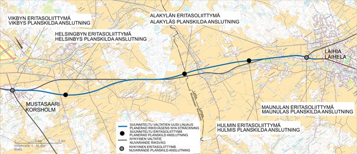 Kartta yleissuunnitelman mukaisesta tielinjauksesta.