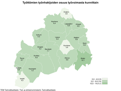 Etelä-Pohjanmaan kartta, josta ilmenee työttömien työnhakijoiden osuudet kunnittain. Työttömien työnhakijoiden osuudet kunnittain olivat Evijärvi 3,6, %, Kauhava 6,4 %, Lappajärvi 5,9 %, Vimpeli 6,8 %, Isokyrö 6,0 %, Lapua 6,4 %, Alajärvi 5,8 %, Ilmajoki 5,2 %, Seinäjoki 7,1 %, Kuortane 3,9 %, Soini 6,5 %, Teuva 8,7 %, Kurikka 6,0 %, Alavus 6,6 %, Karijoki 6,8 %, Ähtäri 12,1 %, Kauhajoki 7,5 % ja Isojoki 4,5.