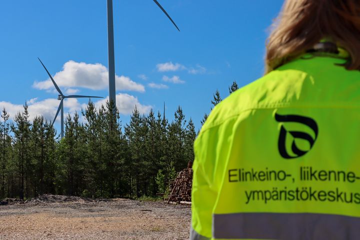 Henkilön taustalla metsä ja tuulivoimaloita.